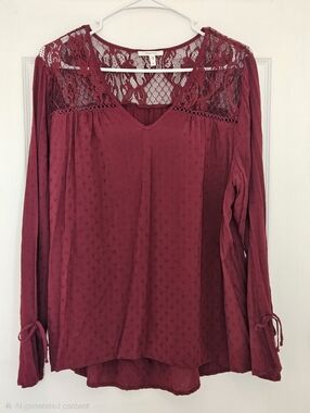 Maurices Women's Lace Yoke Long-Sleeve Top - Burgundy